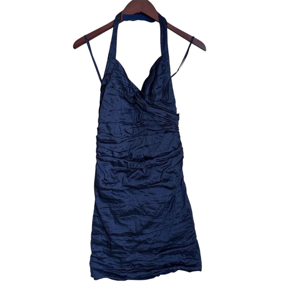 BCBGMaxAzria Navy Ruched Halter Mini Dress Y2K 2000s Cocktail Party Evening